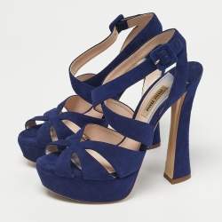 Pre Owned Miu Miu Blue Suede Platform Ankle Strap Sandals Size 36.5