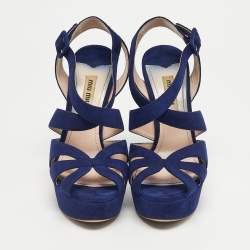 Pre Owned Miu Miu Blue Suede Platform Ankle Strap Sandals Size 36.5