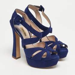 Pre Owned Miu Miu Blue Suede Platform Ankle Strap Sandals Size 36.5
