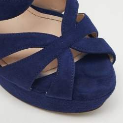 Pre Owned Miu Miu Blue Suede Platform Ankle Strap Sandals Size 36.5