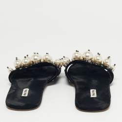 Pre Owned Miu Miu Black Velvet Faux Pearl Embellished Flat Slides Size 40