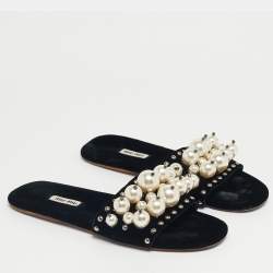 Pre Owned Miu Miu Black Velvet Faux Pearl Embellished Flat Slides Size 40
