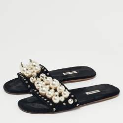 Pre Owned Miu Miu Black Velvet Faux Pearl Embellished Flat Slides Size 40