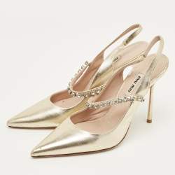 Pre Owned Miu Miu Gold Leather Crystal Embellished Decollete Slingback Pumps Size 38