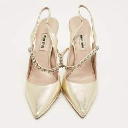 Pre Owned Miu Miu Gold Leather Crystal Embellished Decollete Slingback Pumps Size 38