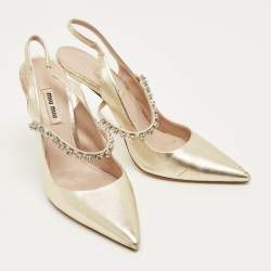 Pre Owned Miu Miu Gold Leather Crystal Embellished Decollete Slingback Pumps Size 38