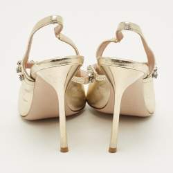 Pre Owned Miu Miu Gold Leather Crystal Embellished Decollete Slingback Pumps Size 38