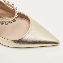 Pre Owned Miu Miu Gold Leather Crystal Embellished Decollete Slingback Pumps Size 38