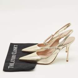 Pre Owned Miu Miu Gold Leather Crystal Embellished Decollete Slingback Pumps Size 38