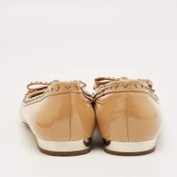 Pre Owned Miu Miu Beige Patent Leather Studded Bow Ballet Flats Size 38.5