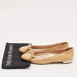 Pre Owned Miu Miu Beige Patent Leather Studded Bow Ballet Flats Size 38.5