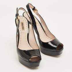Pre Owned Miu Miu Black Patent Leather Open Toe Platform Slingback Pumps Size 35.5