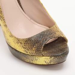 Pre Owned Miu Miu Yellow/Beige Python Embossed Leather Peep Toe Pumps Size 39.5