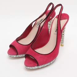 Pre Owned Miu Miu Pink Suede Crystal Heel Slingback Pumps Size 40