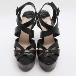 Pre Owned Miu Miu Black Leather Platform Ankle Strap Sandals Size 35