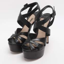 Pre Owned Miu Miu Black Leather Platform Ankle Strap Sandals Size 35