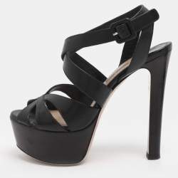 Pre Owned Miu Miu Black Leather Platform Ankle Strap Sandals Size 35