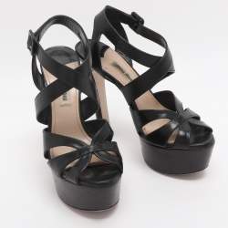 Pre Owned Miu Miu Black Leather Platform Ankle Strap Sandals Size 35