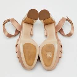 Pre Owned Miu Miu Beige Satin Crystal Embellished Block Heel Platform Ankle Strap Sandals Size 40