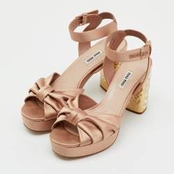 Pre Owned Miu Miu Beige Satin Crystal Embellished Block Heel Platform Ankle Strap Sandals Size 40