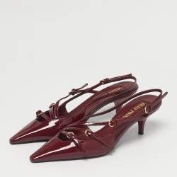 Pre Owned Miu Miu Burgundy Patent Leather Pointed Toe Buckle Slingback Pumps Size 38