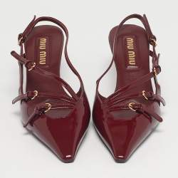 Pre Owned Miu Miu Burgundy Patent Leather Pointed Toe Buckle Slingback Pumps Size 38