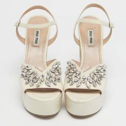 Pre Owned Miu Miu Cream Python Leather Crystal Embellish Platform Ankle Strap Sandals Size 36.5