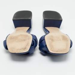 Pre Owned Miu Miu Navy Blue Woven Leather Block Heel Slide Sandals Size 38.5