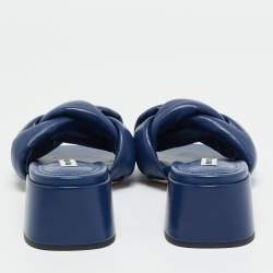 Pre Owned Miu Miu Navy Blue Woven Leather Block Heel Slide Sandals Size 38.5