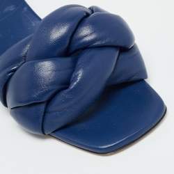 Pre Owned Miu Miu Navy Blue Woven Leather Block Heel Slide Sandals Size 38.5