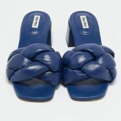 Pre Owned Miu Miu Navy Blue Woven Leather Block Heel Slide Sandals Size 38.5