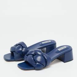 Pre Owned Miu Miu Navy Blue Woven Leather Block Heel Slide Sandals Size 38.5