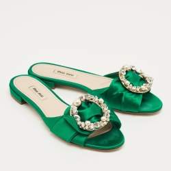 Pre Owned Miu Miu Green Satin Crystal Embellish Flat Slide Size 37.5