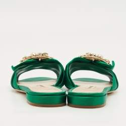 Pre Owned Miu Miu Green Satin Crystal Embellish Flat Slide Size 37.5