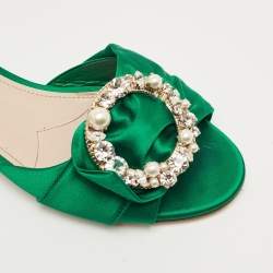 Pre Owned Miu Miu Green Satin Crystal Embellish Flat Slide Size 37.5