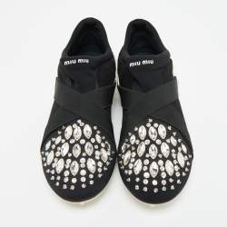 Pre Owned Miu Miu Black Elastic and Nylon Crystal Embellished Slip On Sneakers Size 38