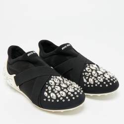 Pre Owned Miu Miu Black Elastic and Nylon Crystal Embellished Slip On Sneakers Size 38