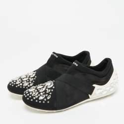Pre Owned Miu Miu Black Elastic and Nylon Crystal Embellished Slip On Sneakers Size 38
