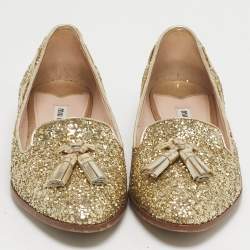 Pre Owned حذاء لوفرز ميو ميو جلد ذهبي مع فيونكة مقاس 38.5