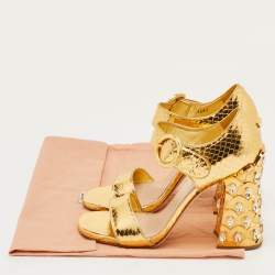 Pre Owned Miu Miu Size 41 Gold Python Embossed Leather Crystal Embellished Block Heel Ankle Strap Sandals