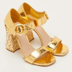 Pre Owned Miu Miu Size 41 Gold Python Embossed Leather Crystal Embellished Block Heel Ankle Strap Sandals