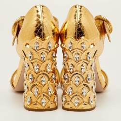 Pre Owned Miu Miu Size 41 Gold Python Embossed Leather Crystal Embellished Block Heel Ankle Strap Sandals