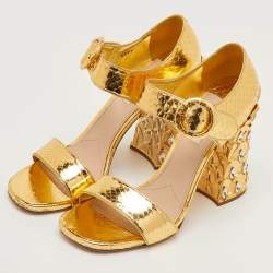 Pre Owned Miu Miu Size 41 Gold Python Embossed Leather Crystal Embellished Block Heel Ankle Strap Sandals