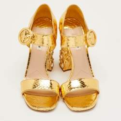 Pre Owned Miu Miu Size 41 Gold Python Embossed Leather Crystal Embellished Block Heel Ankle Strap Sandals