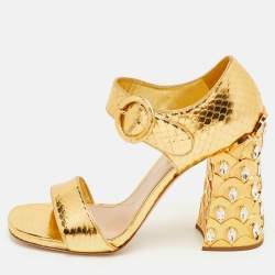 Pre Owned Miu Miu Size 41 Gold Python Embossed Leather Crystal Embellished Block Heel Ankle Strap Sandals
