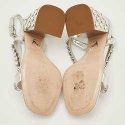 مملوكة مسبقًا Miu Miu Size 39.5 Silver Patent Leather Crystal Embellished Block Heel Sandals 