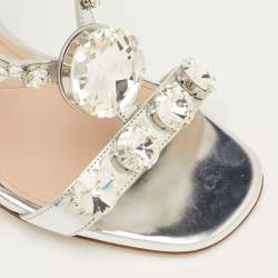 مملوكة مسبقًا Miu Miu Size 39.5 Silver Patent Leather Crystal Embellished Block Heel Sandals 