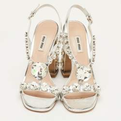 مملوكة مسبقًا Miu Miu Size 39.5 Silver Patent Leather Crystal Embellished Block Heel Sandals 