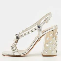 مملوكة مسبقًا Miu Miu Size 39.5 Silver Patent Leather Crystal Embellished Block Heel Sandals 