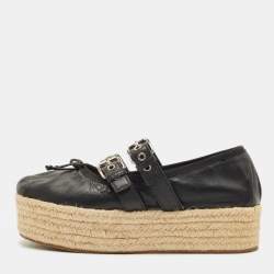 Pre Owned Miu Miu Size 40 Black Leather Belted Ballet Platform Espadrille Flats  